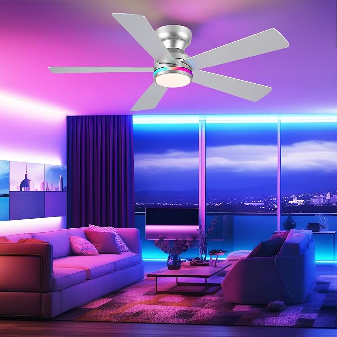 RGB Ceiling Fans with Lights, 46" Flush Mount Ceiling Fan with Remote APP, RGB+3CCT Dimmable Led Light, Reversible 6 Wind Speeds&2H Timer, Low Profile Modern Fan Light Fixture for Bedroom Party Silver