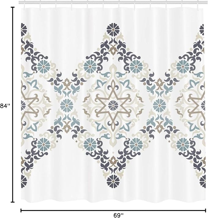 Ambesonne Ethnic Shower Curtain, Ottoman Mosaics in Tones Royal Revival Victorian Palace Inspired Retro Print, Cloth Fabric Bathroom Decor Set with Hooks, 69" W x 84" L, Blue Grey