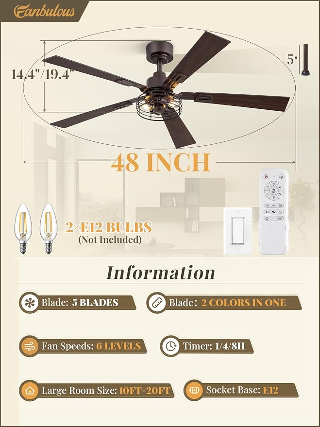 Fanbulous 2 Pack Farmhouse 48 Inch Ceiling Fans with Lights, Industrial Caged Ceiling Fans for Bedroom Living Room, Double-Sided 5 Blades Rustic Ceiling Fan-Oil Bronze
