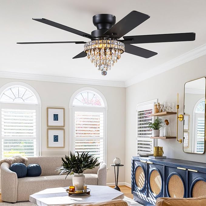 Asyko 52" Low Profile Crystal Ceiling Fans with LED Lights and Remote/APP | Supports Remote and APP,Reversible 6 Wind Speeds,30W Quiet DC Motor,6 Wood Blades,Dimmable 30W LED,Suits for Bedroom Kitchen