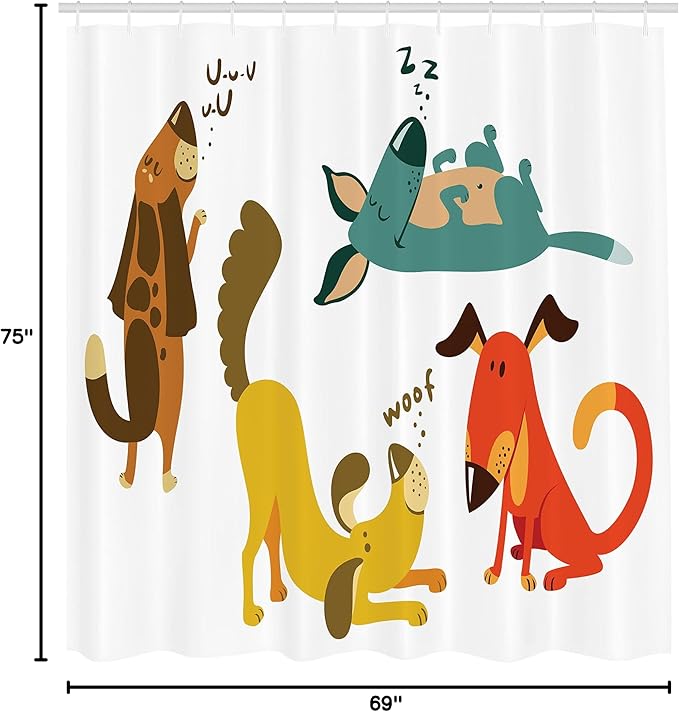 Ambesonne Dog Lover Shower Curtain, Dogs Playful Friendship Paw Sitting Sleeping Smiling Standing Humor Fun Art, Cloth Fabric Bathroom Decor Set with Hooks, 69" W x 75" L, White Teal
