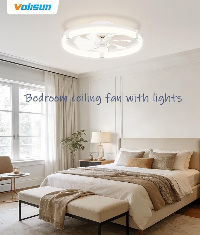 VOLISUN Low Profile Ceiling Fans with Lights and Remote, 20in Flush Mount Ceiling Fans with Light, 3000K-6500K Dimmable Fandelier Ceiling Fan, White Bladeless Ceiling Fan for Bedroom