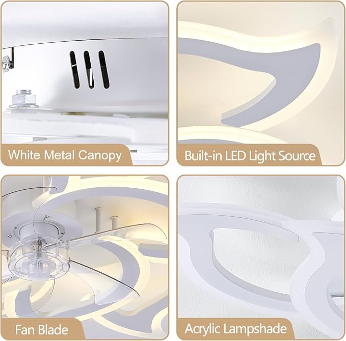 38" White Geometric Ceiling Fan with Light Remote Control, 3 Light Color 6 Speeds LED Flower Flush Mount Low Profile Ceiling Fan for Living Room