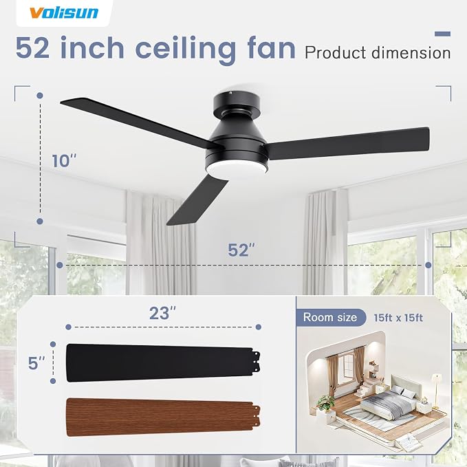 VOLISUN Ceiling Fans with Lights Flush Mount, 52 inch Low Profile Ceiling Fan with Light and Remote, Queit & Reversible Motor,3CCT, Dimmable, Black Modern Ceilings Fans for Bedroom, Living Room