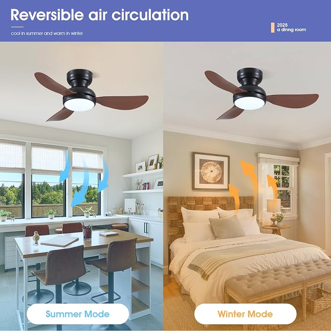 Kviflon 36 Inch Ceiling Fans with Lights, Small Flush Mount Ceiling Fan, Remote/APP Control, 3 Reversible Curved Blades, 6 Speeds, 3 CCT Dimmable Lights for Bedroom Kids Room, Brown