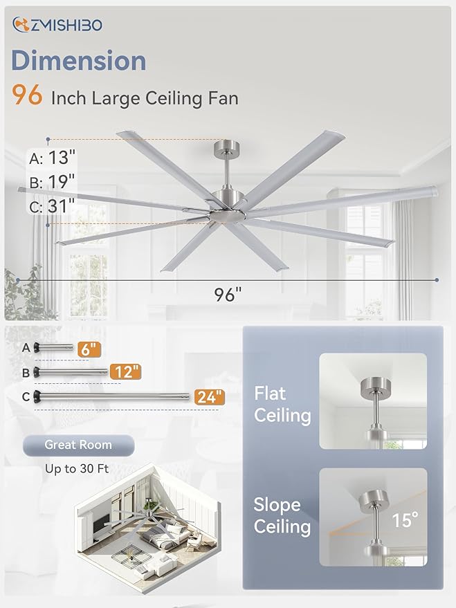 ZMISHIBO 96 Inch Industrial DC Motor Ceiling Fan, Large Ceiling Fan with 8 Reversible Blades, 3 Downrods, 6-Speed Remote Control, Home or Commercial Ceiling Fans for Porch/Garage/Shop, Nickel