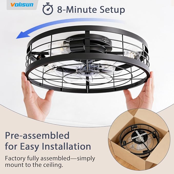 VOLISUN Caged Ceiling Fan with Light and Remote,19.7 inch Fandelier Ceiling Fan with Light Flush Mount, Farmhouse Bladeless Ceiling Fans with Lights for Kitchen,Bedroom