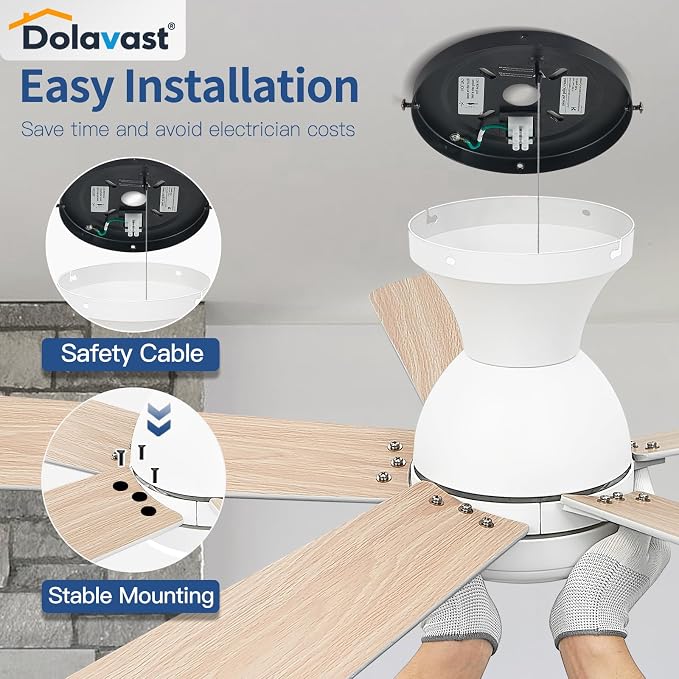 Ceiling Fans with Lights and Remote, 48 Inch Ceiling Fan with Light, Low Profile, Reversible, Dimmable LED, Flush Mount, Quiet, DC Motor, White Ceiling Fan for Bedroom, Kitchen, Dining Room