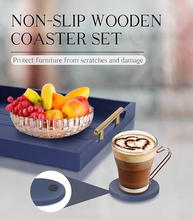 SXNOWS Wooden Serving Tray with 2 Sets of Handles,Navy Blue | Rectangle 16.5x13 Inch Ottoman Decorative Tray for Coffee Table Kitchen Bar Living Room Breakfast in Bed, 4 Coasters Included