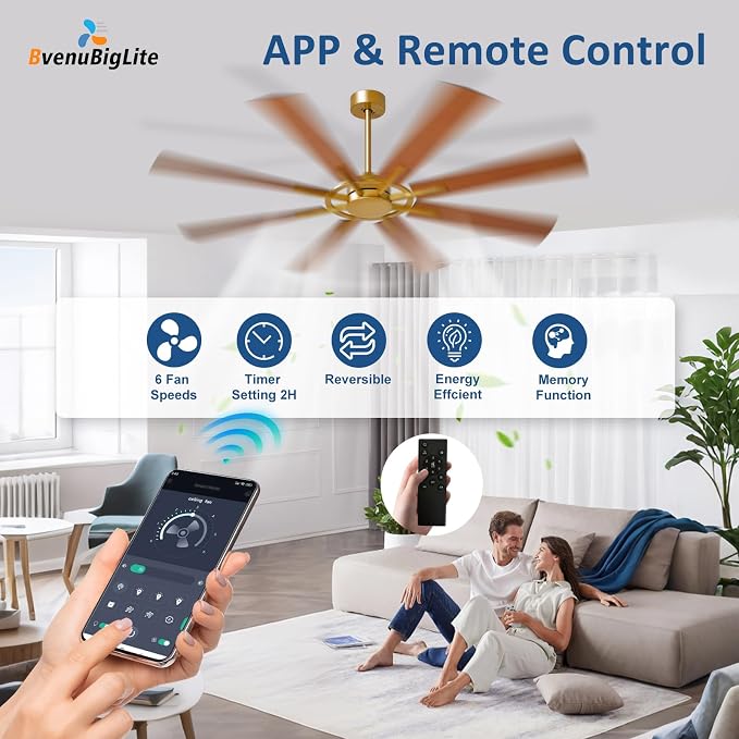 Large Ceiling Fan No Light: Modern 66 Inch 8 Blade Outdoor Ceiling Fans with Remote APP Control - Black Gold Big Fan without Light Indoor Reversible 6 Speed Quiet DC Motor