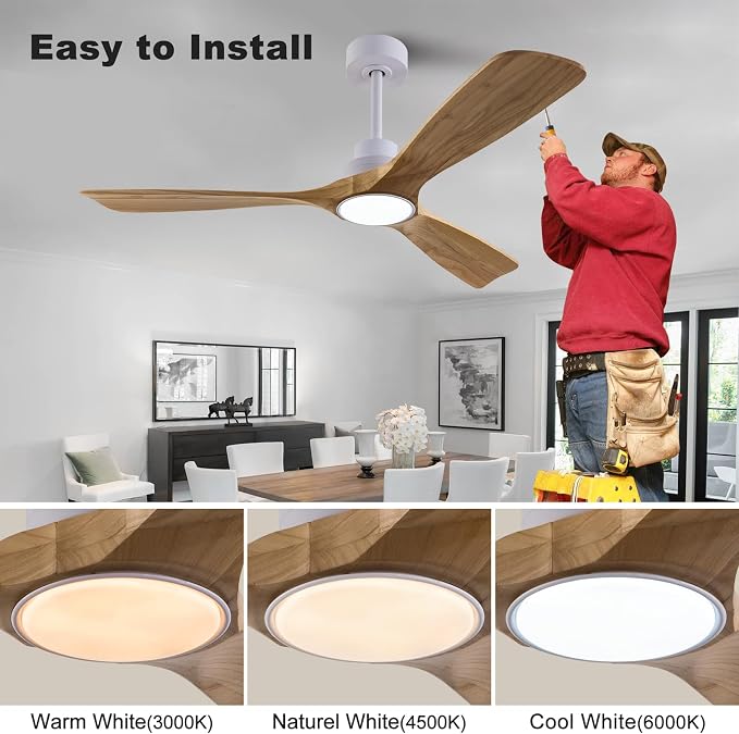 QUTWOB 52" Wood Ceiling Fan with Light, Reversible DC Motor, Remote Control | solid wood blades, quiet 6-speed reversible dc motor, remote with memory, 3-color led, for indoor outdoor patio bedroom