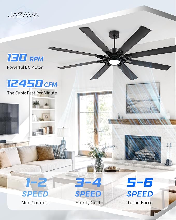 72 Inch Ceiling Fan with Light,Smart Ceiling Fan with Alexa Control,Large Black Indoor Outdoor Ceiling Fan,Modern Quiet Fan with Dual Finish 8 Blades for Living Room,Patio, ZCCF05BK-72