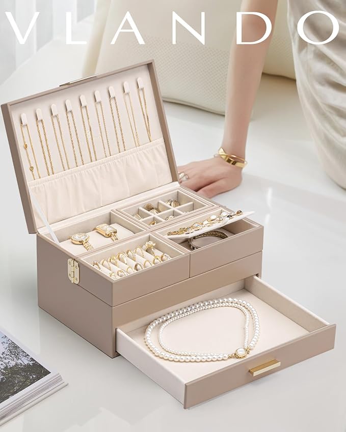 VLANDO 3 Layer Jewelry Box - Women Jewelry Box with Retractable Tray - Jewelry Organizers with Drawer for Necklaces, Rings, Bracelets, Earrings, Gift for Couples Mom Girls - Toffee