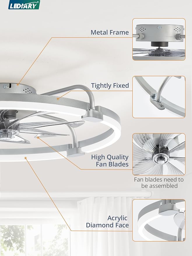LEDIARY Ceiling Fans with Lights and Remote, 24'' Low Profile Ceiling Fan with Light, 3000-6000K Dimmable Fandelier LED Fan Light, 6 Wind Speeds, Grey Modern Flush Mount Ceiling Fan for Bedroom