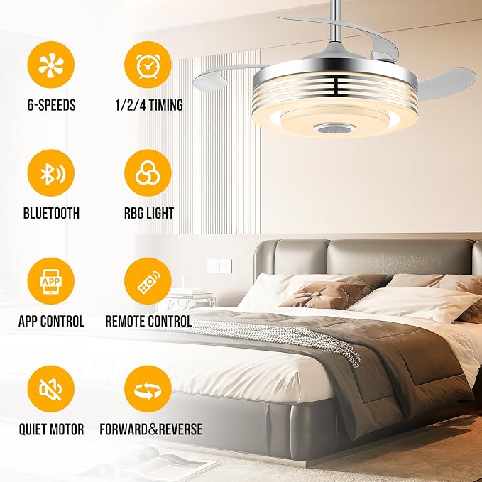 42" Modern RGB Ceiling Fan with Lights and Bluetooth Music Speaker,Color Change Motor Retractable Fandelier Ceiling Fan with Light and APP/Remote,6 Speed Silent Chandelier Fan for Bedroom Living Room