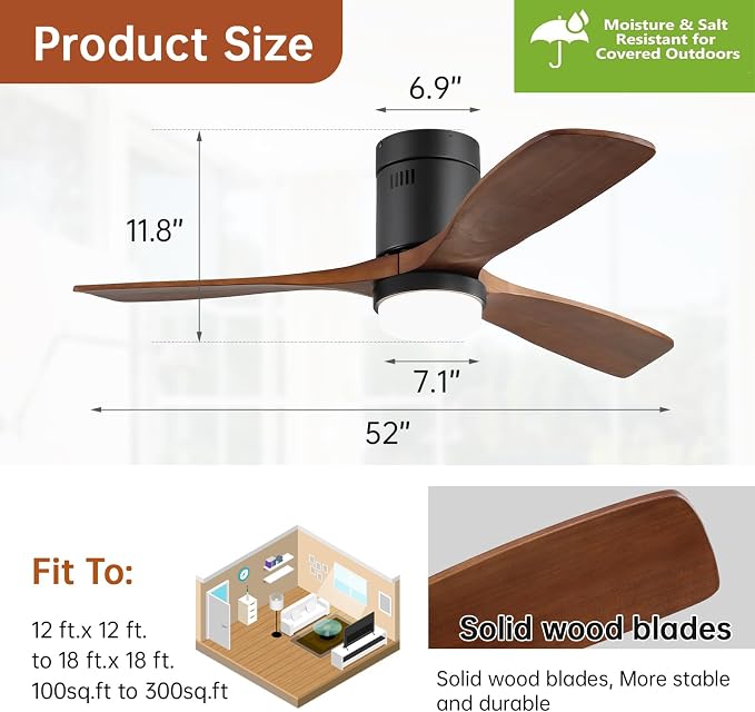Sofucor 52 Inch Low Profile Ceiling Fans with Light, Modern Flush Mount Solid Wood Ceiling Fan with Airflow 5000CFM, Quiet DC Motor, 6 Speeds, Timer & Reversible for Living Room Bedroom, ETL, Walnut