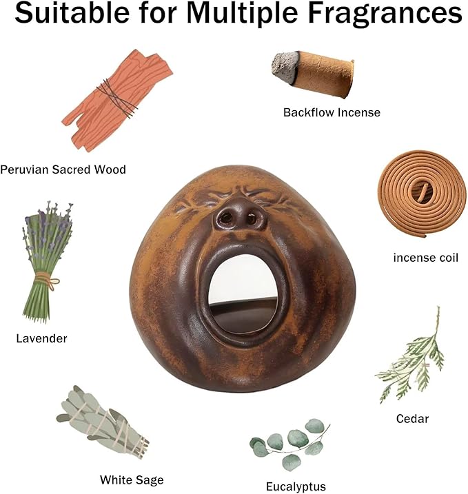 Ceramic Incense Burner - Novel Yawning Face Design Palo Santo Burner Meditation Incense Holder Hand Polishing Cedar and Zen Herb Burners Suitable Space for Meditation and Prayer
