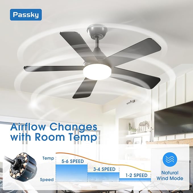 Passky Ceiling Fans with Lights, 42 inch Sleek Ceiling Fan with Light and Remote Control, 3CCT, Dimmable, Reversible, Noiseless, Black Ceiling Fan for Bedroom, Living Room