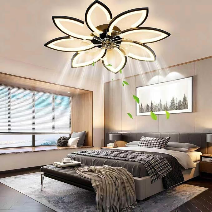 35" Ceiling Fans With Lights and Remote, Low Profile Flush Mount | Ceiling Fan With Light Modern Dimmable 3 Colors 6 Speed Quiet Reversible Motor Timing for Bedroom Living Room Kitchen Black