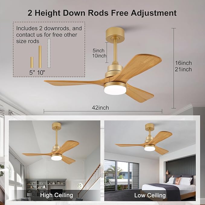 42 Inch Ceiling Fans with Lights and Remote, Dimmable LED Light, Quite Reversible DC Motor,Memory Function,Modern Solid Wood Indoor Outdoor Ceiling Fan with Light for Patio Office (Gold)