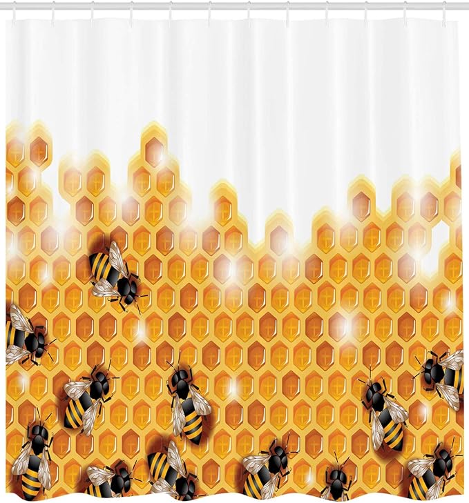 Ambesonne Nature Shower Curtain, Honey Bees Wax Abstract Insect of Spring Season Artwork Image, Cloth Fabric Bathroom Decor Set with Hooks, 69" W x 70" L, Marigold Apricot