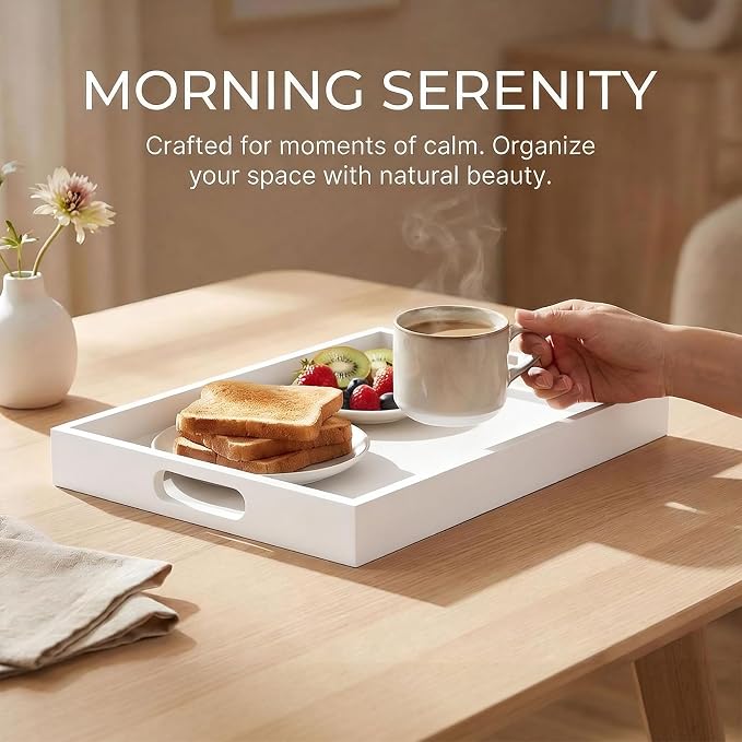Krismax Wooden Serving Tray with Handles, Serving Platter 15.7x11.4 Inch Food Drinks Tray for Coffee Table,Decorative Storage Tray for Entertaining, Breakfast Tray in Bed,Lunch,Dinner,BBQ(White)