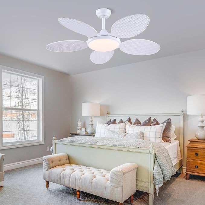 48"White Tropical Style Palm Leaf Ceiling Fans with Lights and Remote & APP | Supports Remote and APP, 6 Wind Speeds, Reversible, Dimmable 3CCT LED, 35W Quiet DC Motor,Suits for Bedroom Kitchen