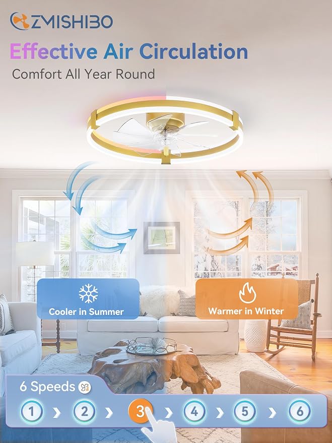 ZMISHIBO RGB Ceiling Fans with Lights and Remote, 23 inch Low Profile Ceiling Fan with Light, 3000K-6000K Dimmable & RGB, Modern Fandelier Flush Mount Ceiling Fan, Small LED Fan for Bedroom,Gold