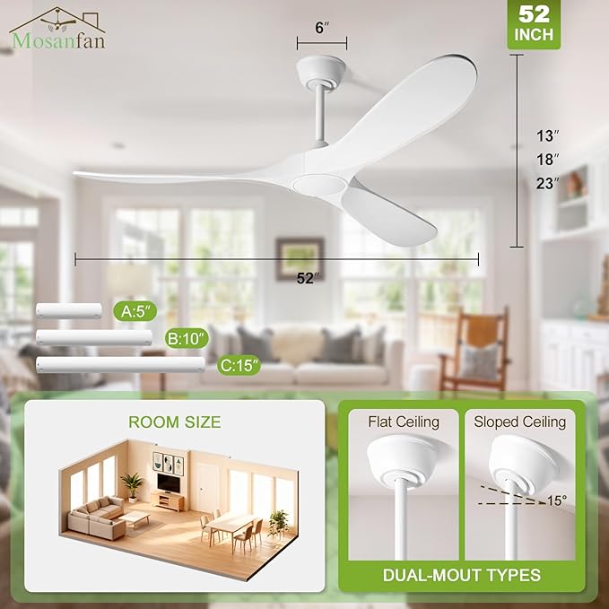 52 Inch Ceiling Fans with Lights and Remote, Wood Outdoor Ceiling Fan with 6 Speed Noiseless DC Motor, Indoor Modern 3 Blade Propeller Ceiling Fan for Bedroom Living Room Gazebo Patio (White)