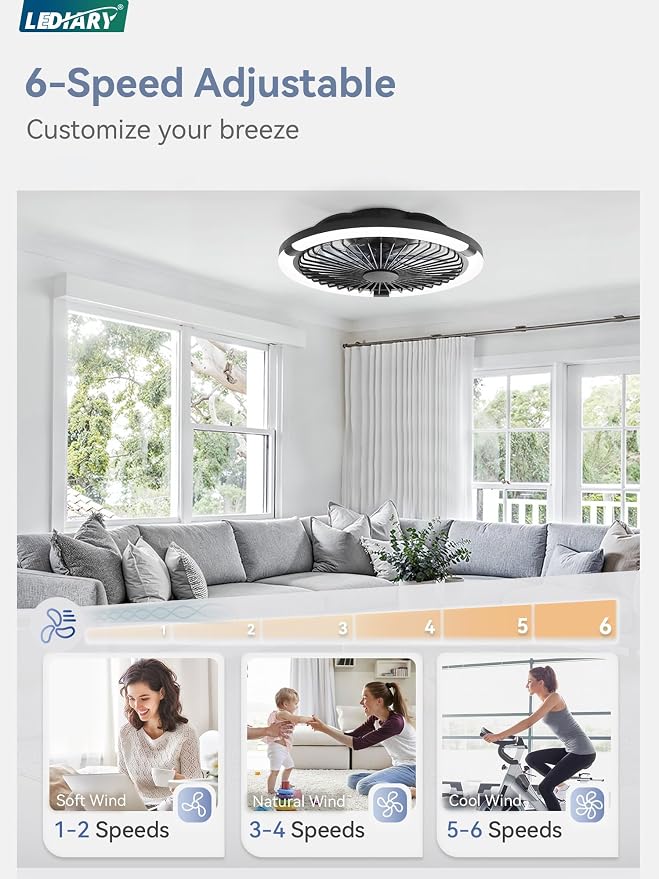 LEDIARY 20" Bladeless Ceiling Fan with Light,Low Profile LED Ceiling Fans with Remote & Smart APP Control,Modern Enclosed Flush Mount Fandelier with Timming,6 Speed,3000-6000K,Bedroom,Kids Room-Black