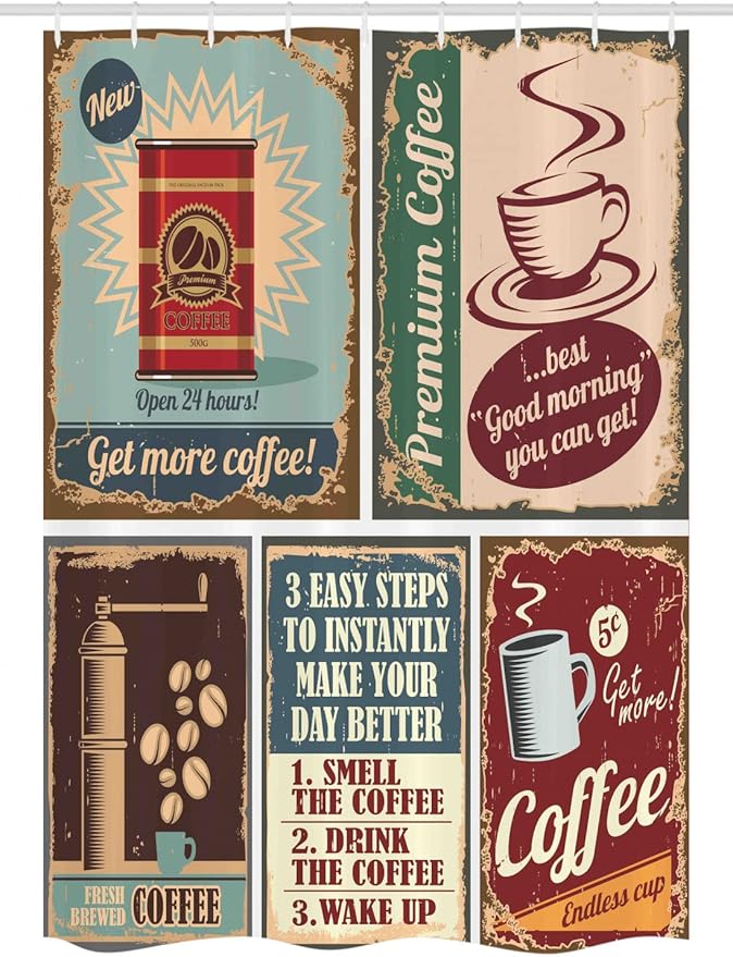 Ambesonne 1950s Stall Shower Curtain, Coffee Posters and Signs Design Bean Cup Espresso Mug Cappuccino Logo Print, Fabric Bathroom Decor Set with Hooks, 54" W x 78" L, Red Blue