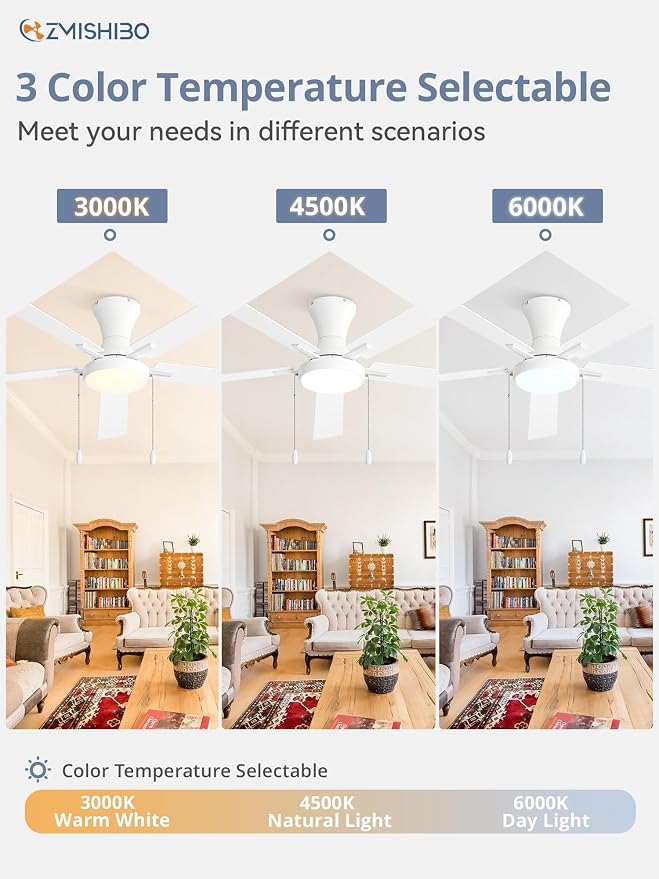 ZMISHIBO Ceiling Fans with Lights, Low Profile Ceiling Fan with Pull Chain and Remote Control, Flush Mount, Reversible, Dimmable, Noiseless, White Pull Cord Ceiling Fan for Bedroom(60inch White)