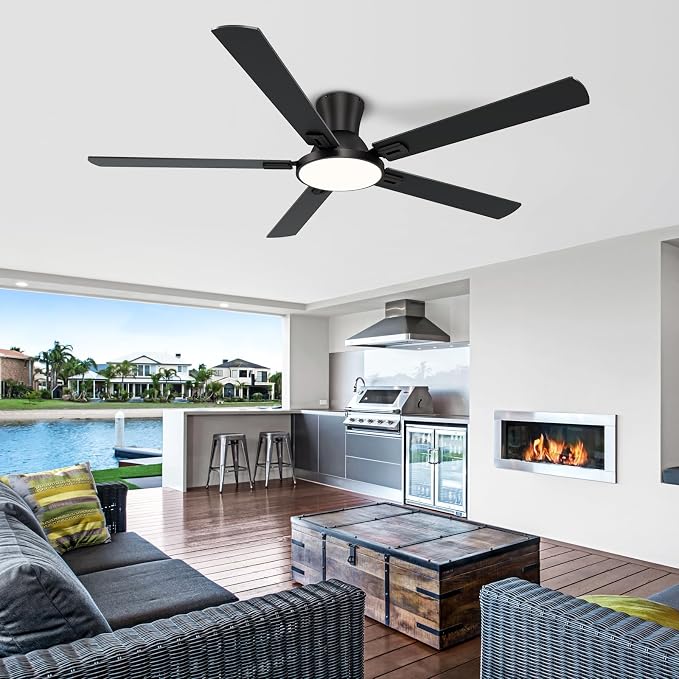 60 Inch Black Ceiling Fans with Lights and Remote, Flush Mount Low Profile 6 Blades Ceiling Fan with 10 Inch Lighting Fixture, Quiet Reversible DC Motor for Living Room, Bedroom and Patio