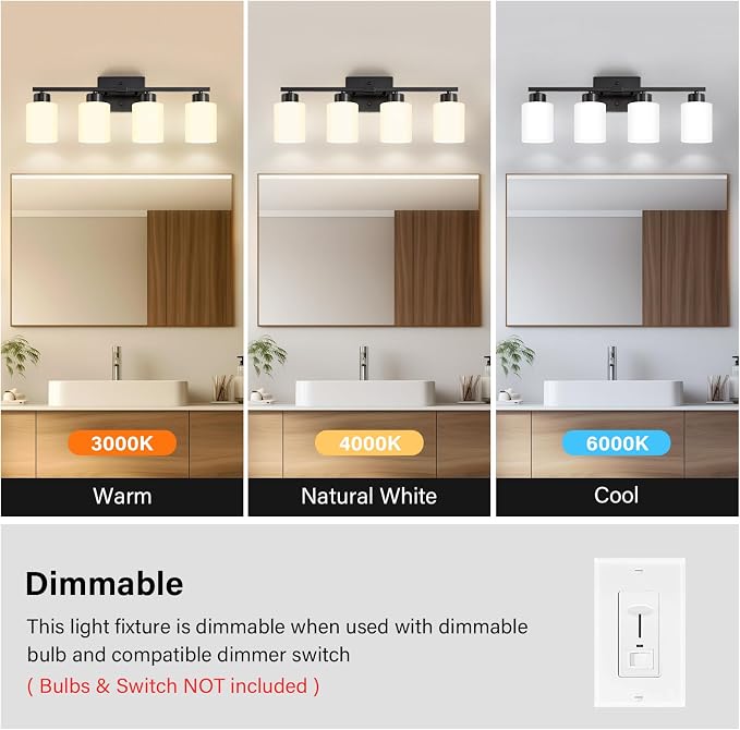 FonmYim Black Bathroom Light Fixtures, 4-Light Modern Vanity Light Over Mirror, Wall Sconces with Milky White Frosted Glass Shades, E26 Socket (Bulbs Not Included)