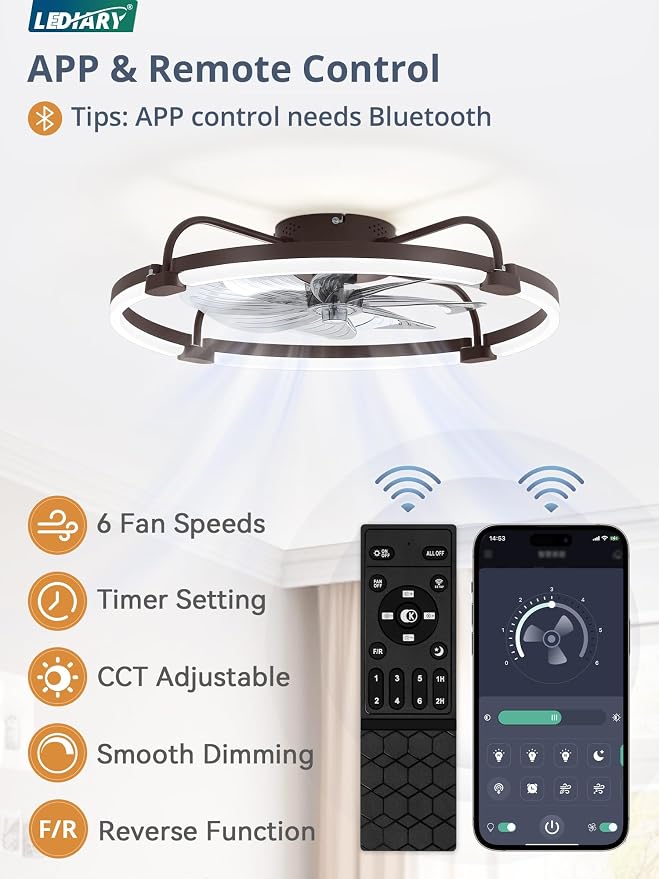 LEDIARY Ceiling Fans with Lights and Remote, 24'' Low Profile Ceiling Fan with Light, 3000-6000K Dimmable Fandelier LED Fan Light, 6 Wind Speeds, Brown Modern Flush Mount Ceiling Fan for Bedroom