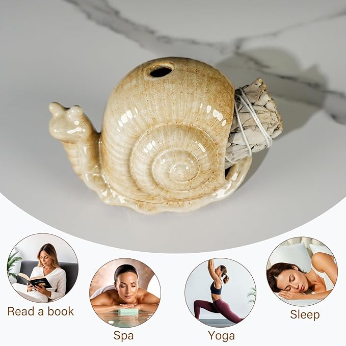 MOUGIGI Handmade Ceramic Snail Palo Santo Holder & Mini Chiminea Incense Dish- Elegant Cone Burner for Palo Santo Sticks & Sage-Perfect for Energy Cleansing, Yoga, Meditation, Zen, Altar, Aromatherapy