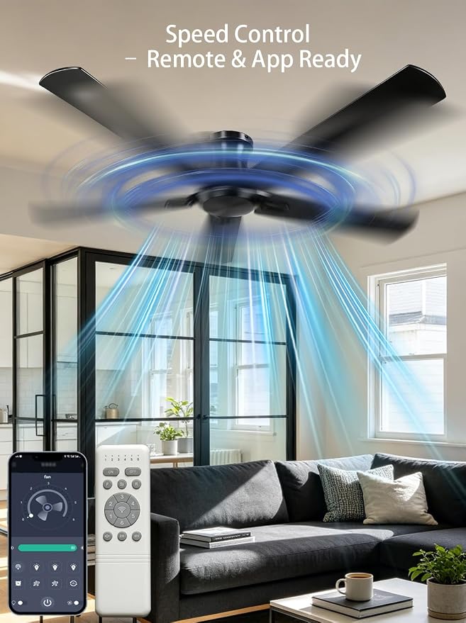 Carrefour 48 Inch Ceiling Fan No Light, Black Low Profile Flush Mount Ceiling Fan Without Light, 6-Speed Reversible, Remote & App Control, Covered Outdoor Ceiling Fans for Patio Living Room Bedroom