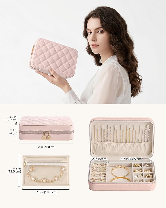 Lolalet Travel Jewelry Case for Women Girls, PU Leather Jewelry Organizer with Clear Storage Bag Small Portable Jewelry Box for Necklace Bracelet Earring Ring Birthday Bridesmaid Gifts -Large/Pink