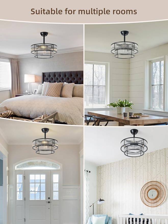 Black Fandelier Ceiling Fans with Lights, 20" Black Crystal Chandelier Ceiling Fan with Light Remote Control, Caged Mid Century with 6 Speeds for Bedroom, Living Room, Nursery