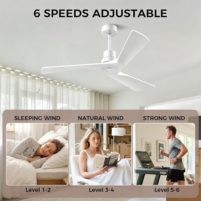 Obabala Ceiling Fan 52 Inch with Remote, Solid Wood Blades DC Motor 5000 CFM Quiet 35dB, Reversible 6 Speed Modern Farmhouse for Bedroom Living Room Indoor Outdoor, No Light with Downrod