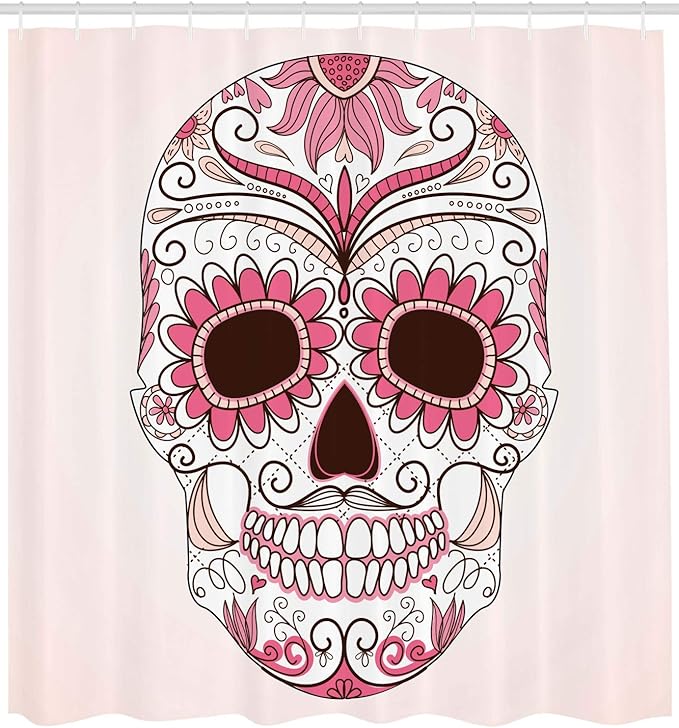 Ambesonne Skull Shower Curtain, Day of The Dead Girly Colors Skull with Floral Ornamental Design Symbolic Artwork, Cloth Fabric Bathroom Decor Set with Hooks, 69" W x 75" L, Pink Brown