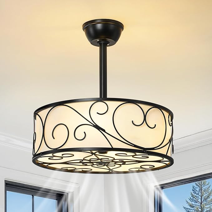 Farmhouse Caged Ceiling Fan Light: 18.9" Semi Flush Mount Ceiling Fan Lights Bladeless Fandelier with Remote/Timer/Reversible 6 Speeds/DC Motor Small Ventilador de Techo for Bedroom Living Room