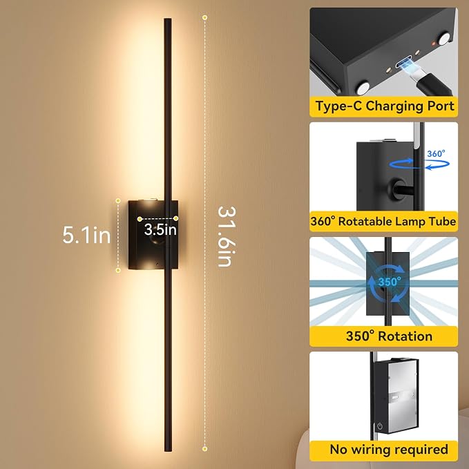 Ouyulong Battery Operated Wall Sconces Set of 2, 10000mAh Wireless Rechargeable 3000-6000K Dimmable 350° Rotate Wall Light with Remote for Living Room, Bedroom 31.6in Black
