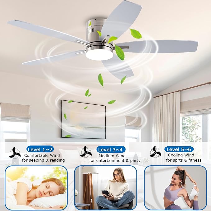 KNUN 51 inch Ceiling Fan with Light and Remote/App Control, Flush Mount Low Profile, Reversible DC Motor, Nickel Modern Ceiling Fan with Light, Dimmable,Noiseless,for Bedroom Living Room