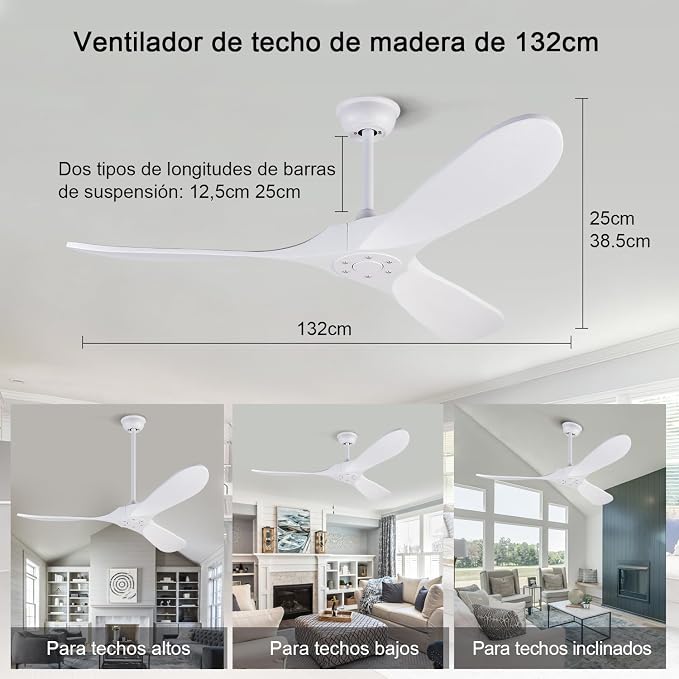 Ceiling Fans without Lights, 52 Inch Ceiling Fans no Lights with Remote Control, 3 Solid Wood Blades， Indoor Outdoor Ceiling Fan for Living Room Patios Bedroom Kitchen (White Blades)