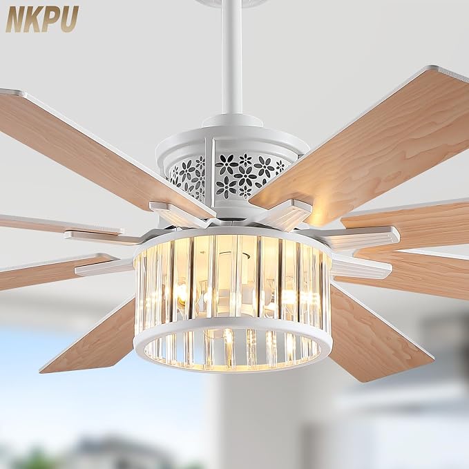 NKPU 52" Farmhouse Crystal Ceiling Fans with Lights and Remote, Chandelier Industrial Ceiling Fan with Dual 8 Blades, 6 Speed Reversible Motor, Timing, White Ceiling Fan for Living room, Bedroom