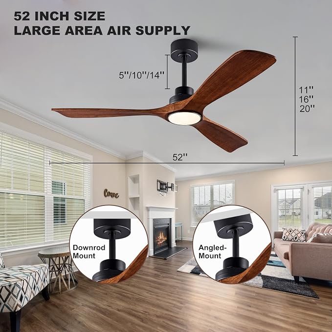 QUTWOB 52" Wood Ceiling Fan with Light, Reversible DC Motor, Remote Control | solid wood blades, quiet 6-speed reversible dc motor, remote control, dimmable 3-color led, for indoor outdoor bedroom patio