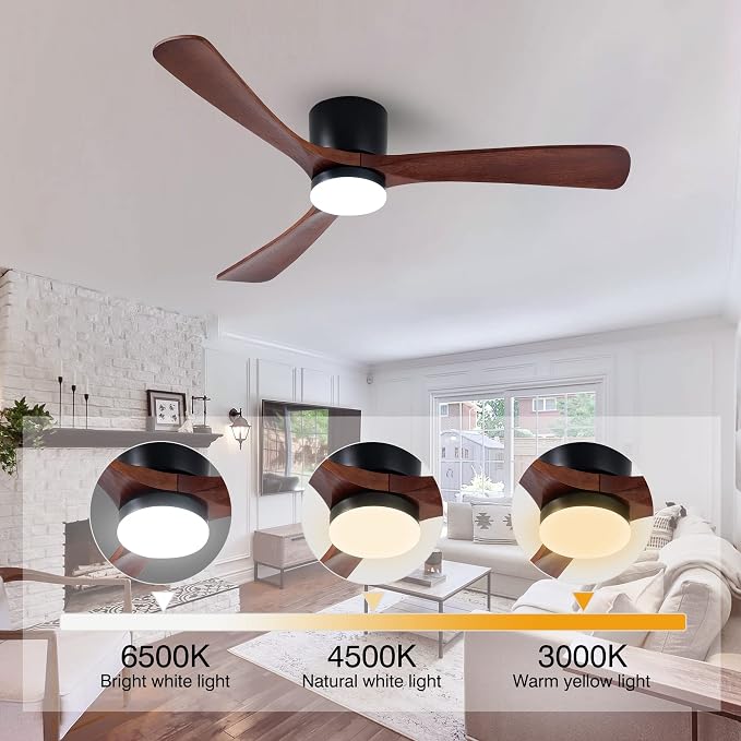 52" Flush Mount Ceiling Fan with Lights Remote Control, 3 Blades Wood Ceiling Fans, Quiet Reversible DC Motor, 6-Speed, Timer, Modern Ceilingfans for Low Profile, Walnut and Matte Black