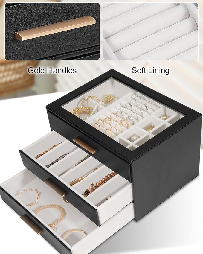 GUOER Jewelry Box for Women, Glass Lid Jewelry Organizer with 3 Drawers PU Jewelry Storage Case for Necklaces Rings Earrings Bracelets, Black