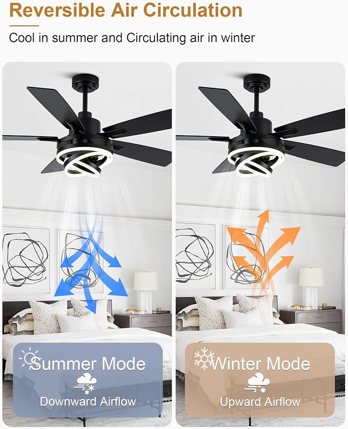 52" Black Modern Chandelier Ceiling Fan with Lights | DC motor, reversible, dimmable; recommended for bedroom, living room, and indoor use.